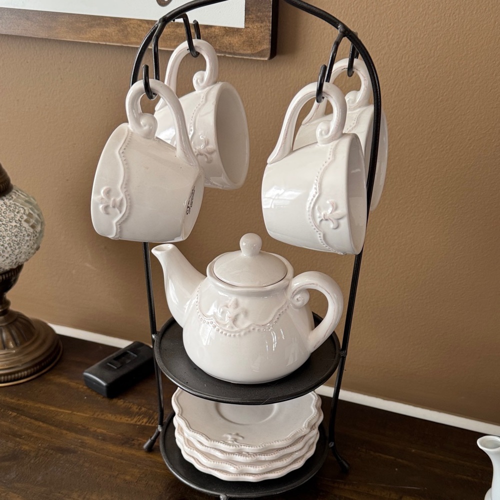 White Ceramic Teapot and Cup Set with Stand - Home Kitchen